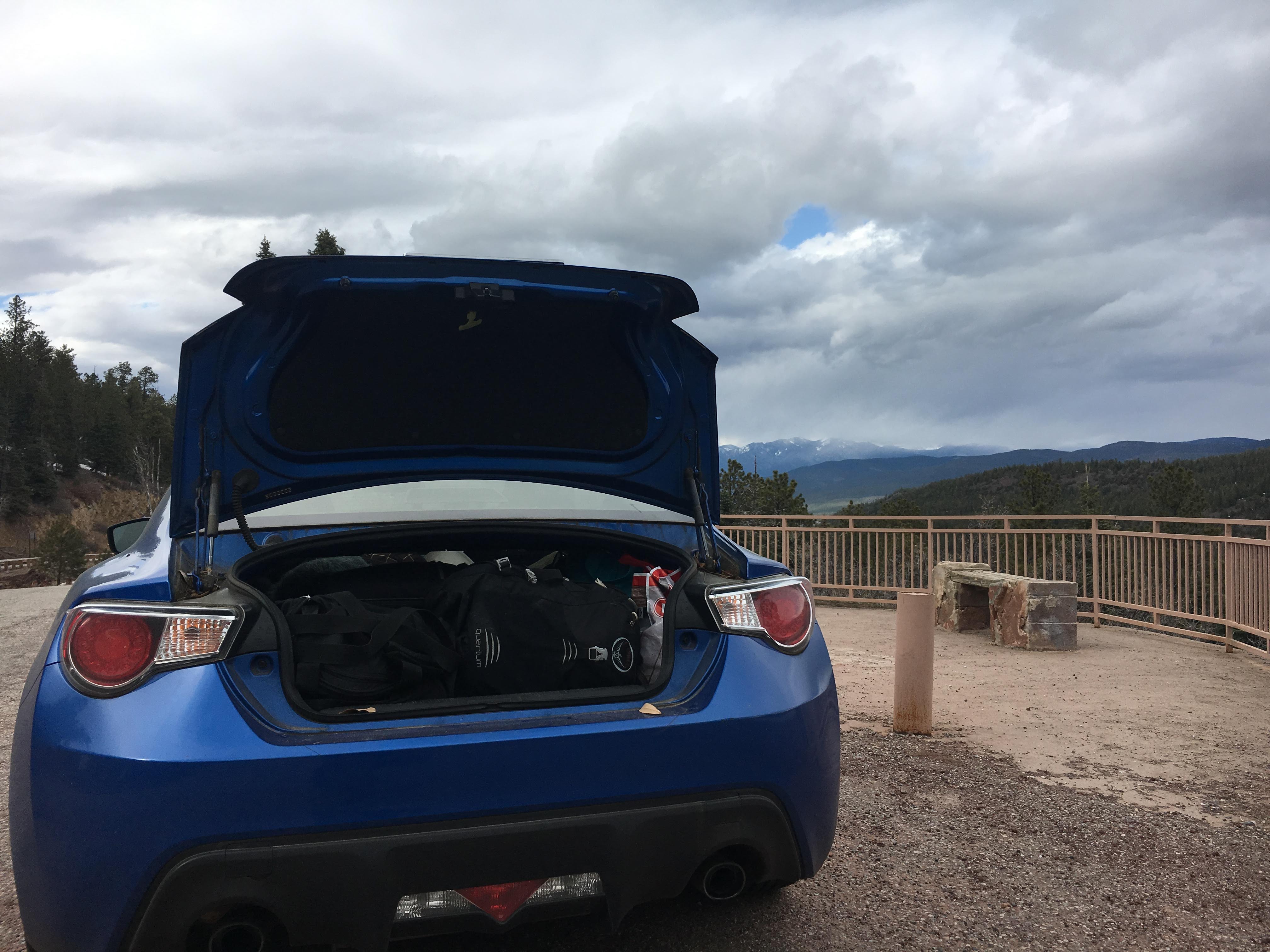 My packed car, complete with climbing gear, various kitchen supplies, and two bags of clothes and such